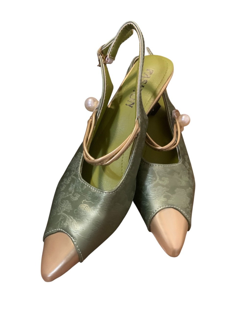 Feminine Green Satin Slingback Heels with Gold Accents